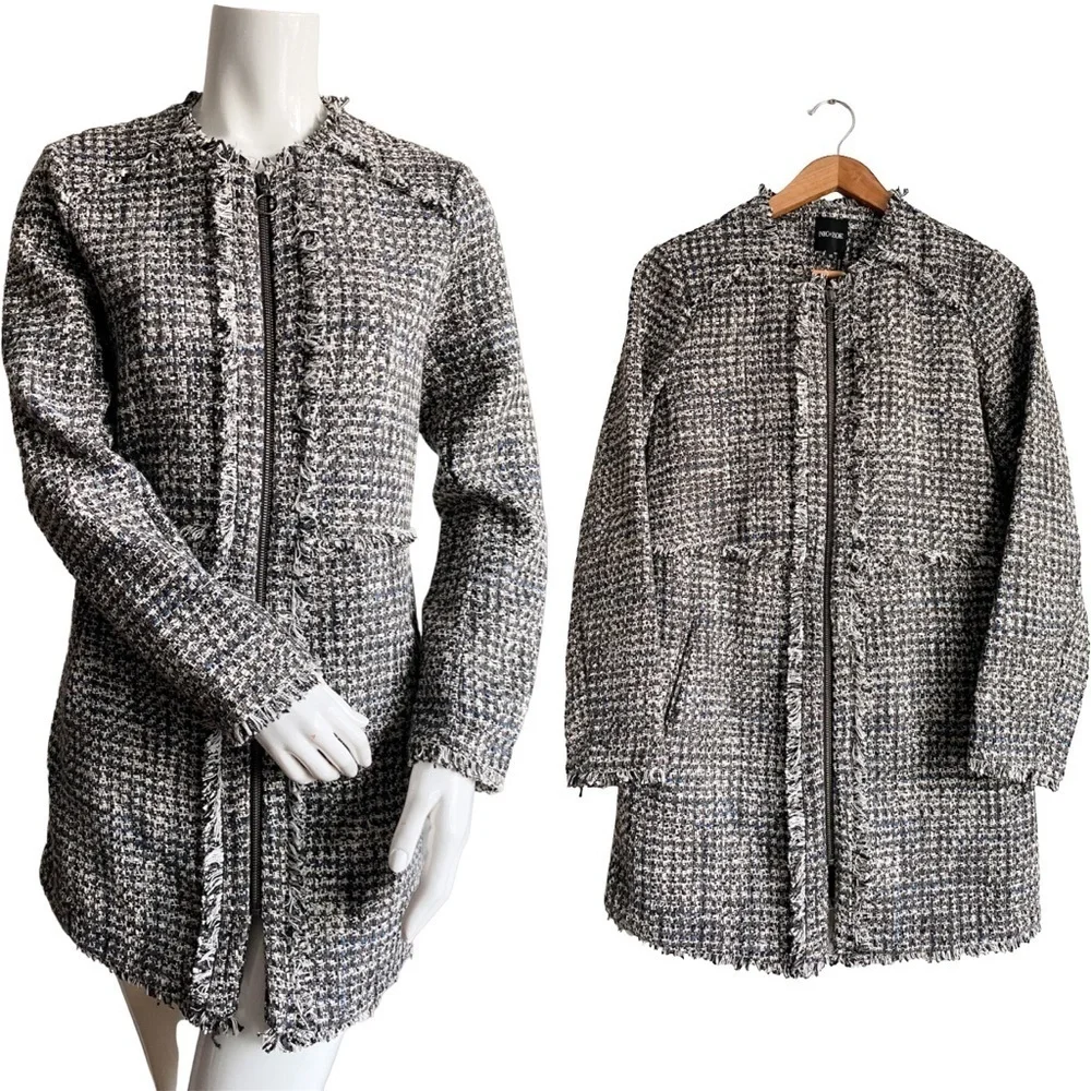 Nic + Zoe Tweed Boucle Black White Long Coat Trench Zip Jacket Neutral Overcoat